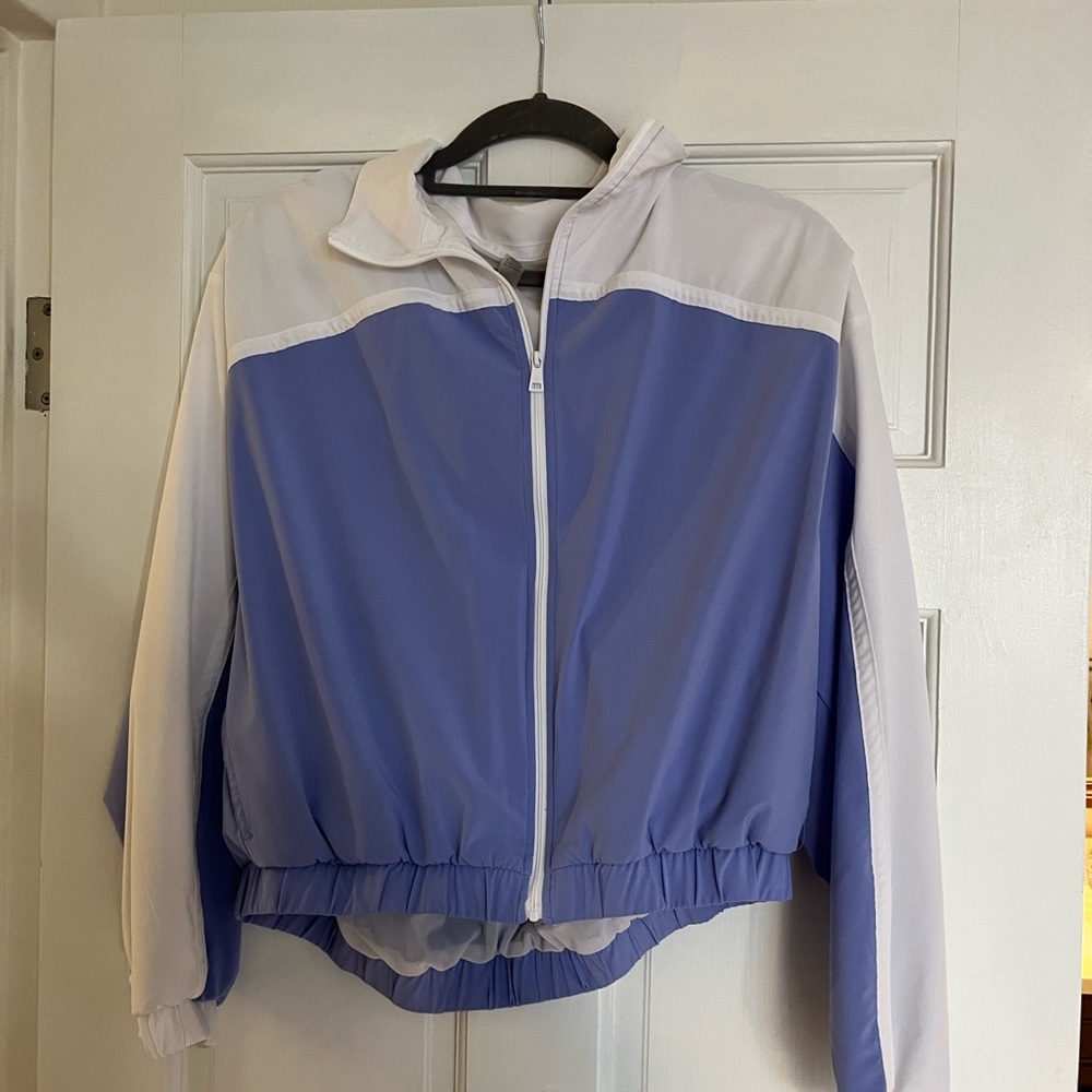 Beyond Yoga Two-Tone Blue-Purple and White Bomber Jacket with Matching Skirt